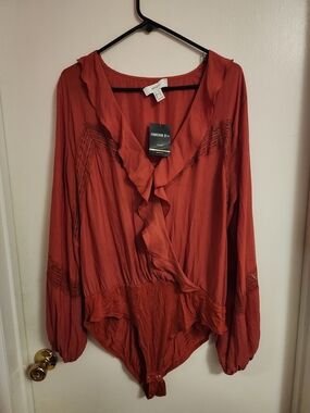 Forever 21 Rust Ruffle Wrap Bodysuit Top
